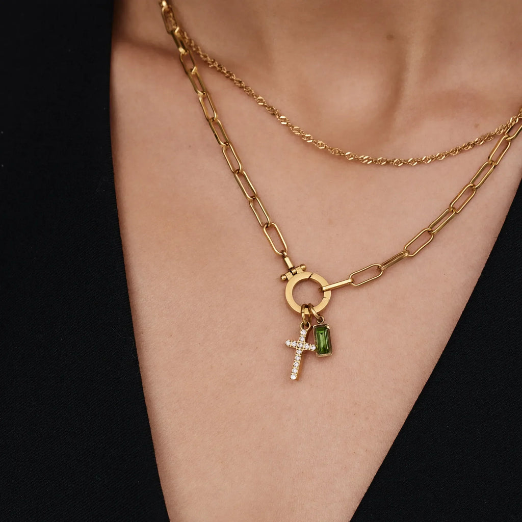 Paperclip Birthstone Cross Charm Necklace